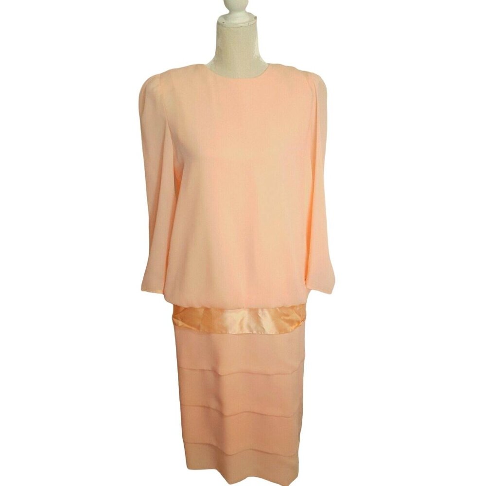 Vintage 80s Dress‎ S Long Sleeve Dropped Waist Tiered Skirt Peach Chiffon Midi